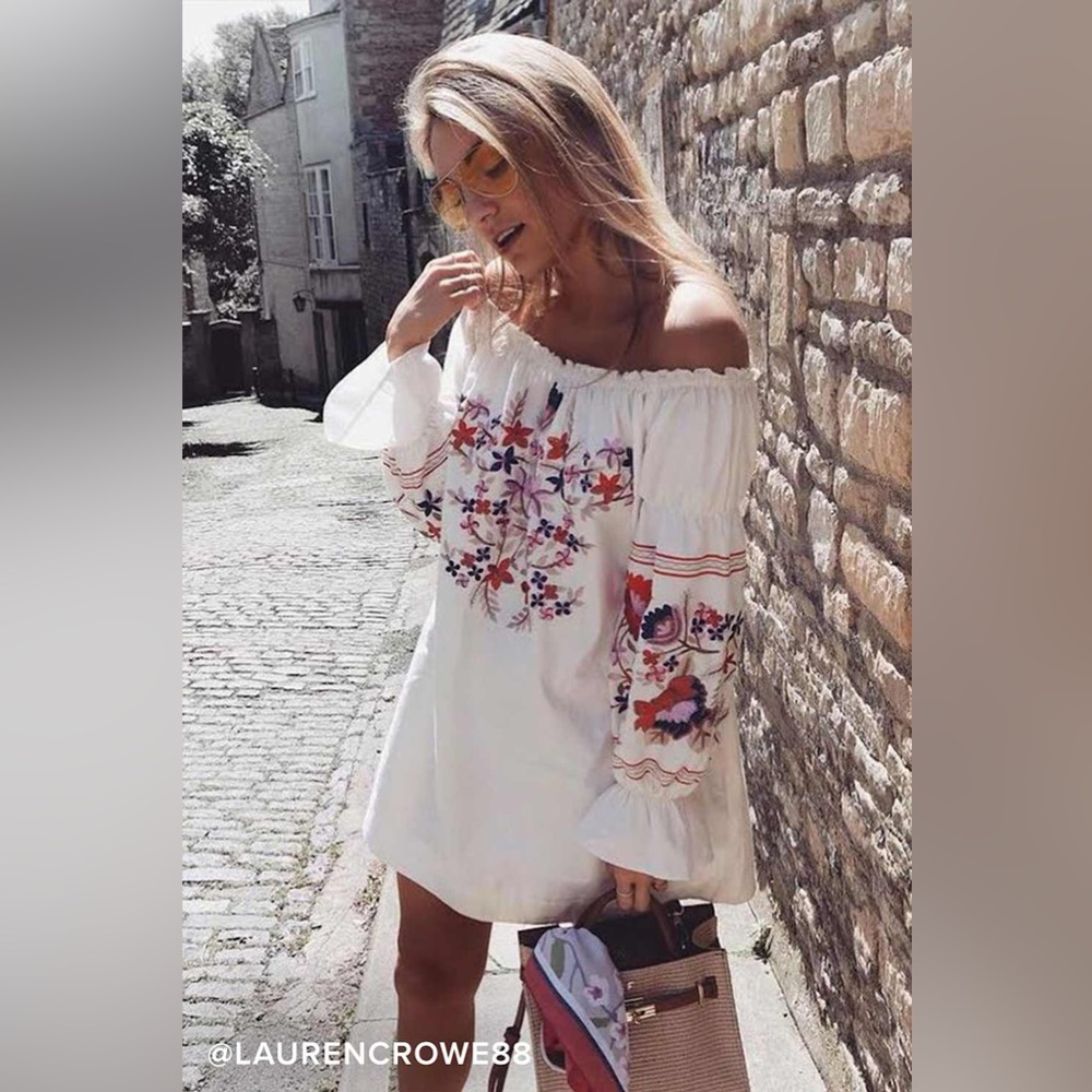 Free People Off-Shoulder White Dress with Floral Embroidery